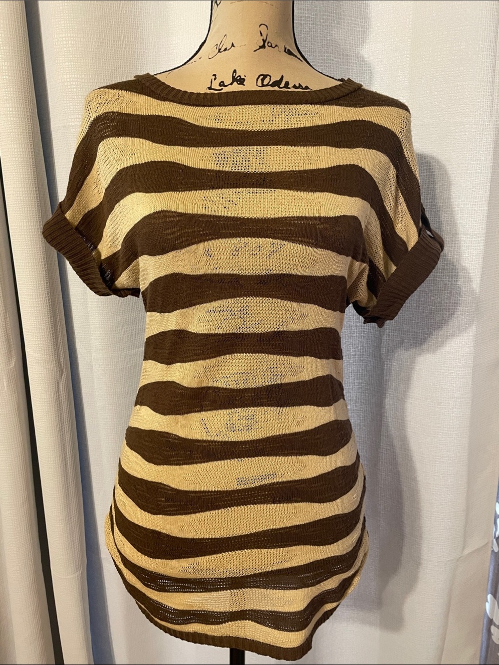 Casual Striped Short Sleeve Tunic in Brown and Cream